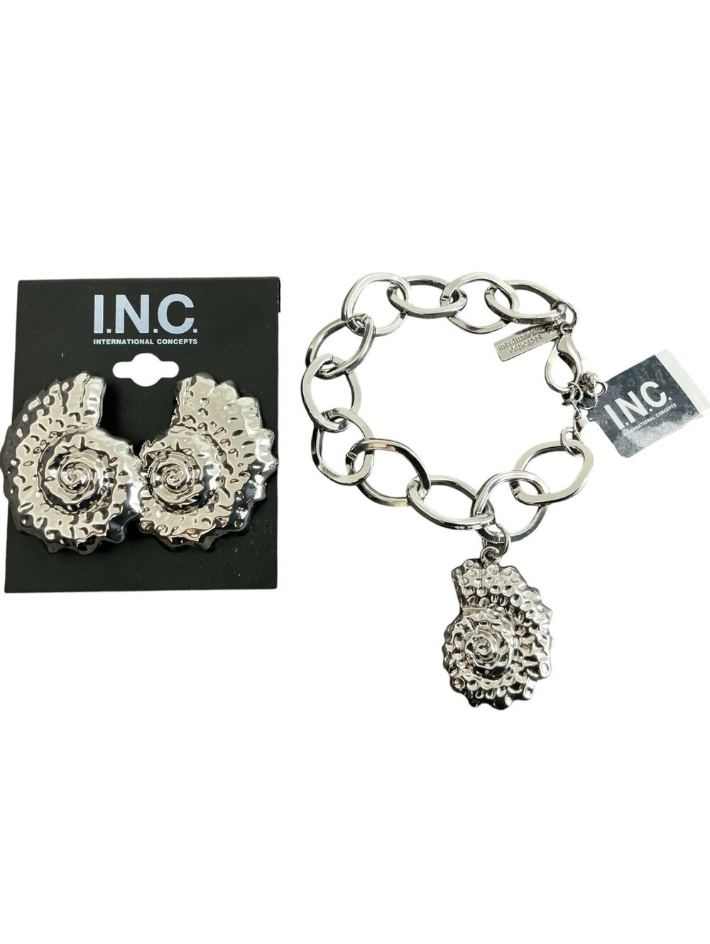 I.N.C. International Concepts Silver Shell Bracelet Earrings Set Rhodium Plated